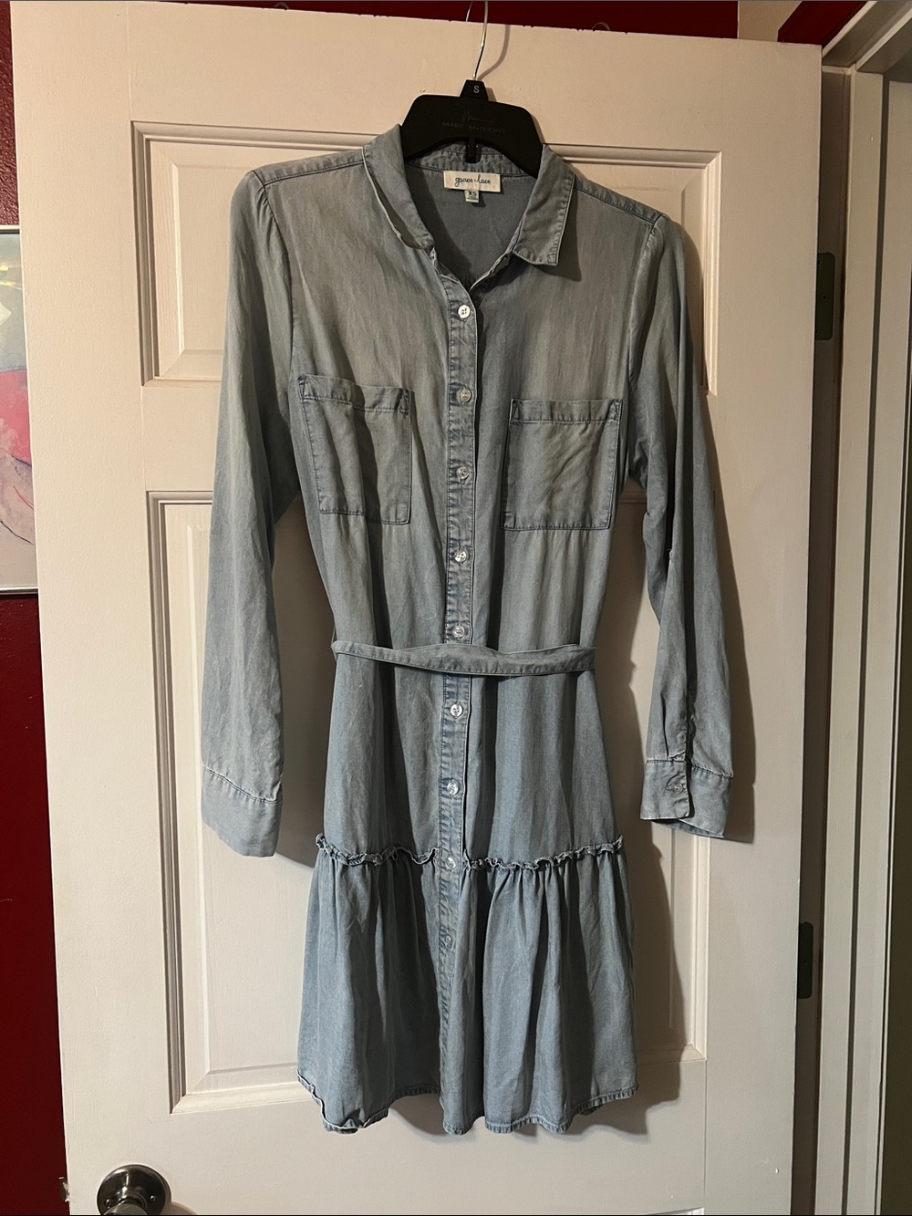 Grace & Lace Light Blue Denim Button-Down Tiered Shirtdress